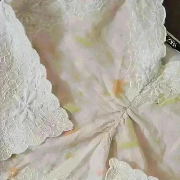 Zara Tie-Dye Embroidered Cream pink Top Cotton Cropped Shoulder ties Size S - Picture 6 of 10